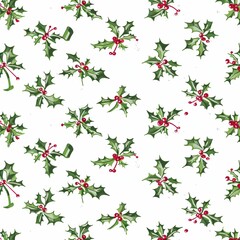 Festive holly with red berries on a white background, perfect for holiday wrapping paper.