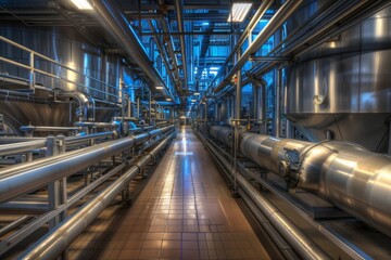 Obraz premium Dairy Plant Equipment, Milk Food Manufacturing, Metal Tanks, Dairy Industry, Food Production