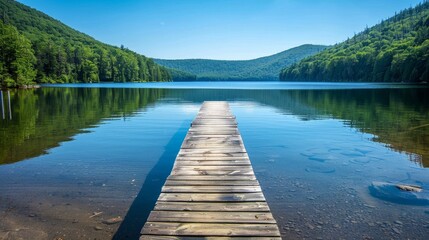 Obraz premium A rustic wooden dock extending into a calm, crystal-clear lake, surrounded by forested hills