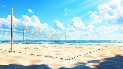 Beach Volleyball Court with Blue Sky and Sea Background - AI generated illustration