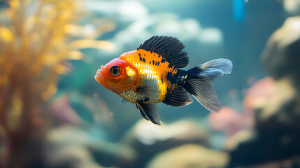 fish in an aquarium Goldfish swimming in tank Goldfish in freshwater aquarium with green beautiful planted tropical, Generative AI