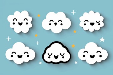 Cute cartoon clouds with happy faces on a blue background.