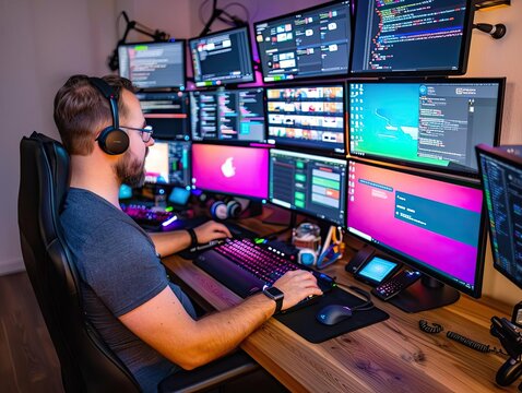 A freelance web developer coding at night, illuminated by multiple monitors, surrounded by tech gadgets, representing dedication and the digital age