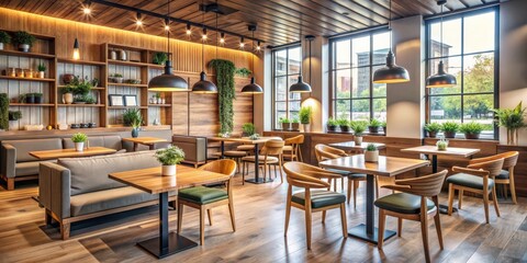 Modern cafe restaurant interior with stylish wooden furniture and cozy ambiance