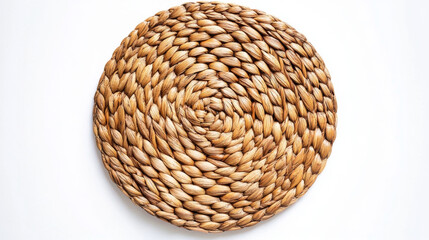 A round woven placemat made of rattan, shown from above on a white background.