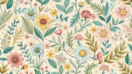 Delicate, hand-drawn floral pattern featuring blooming flowers, leaves, and vines in soft, pastel hues on a creamy