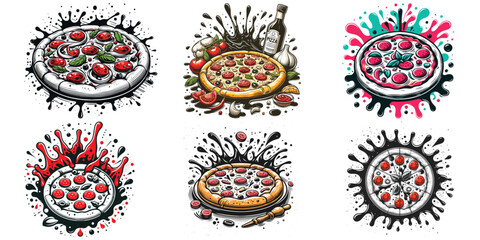 Illustrated pizza splash vector art, vibrant colors on white, perfect for restaurant decor