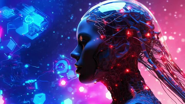 Profile of a futuristic woman with a transparent head and visible neural networks on blue pink background, artificial intelligence and technology concept