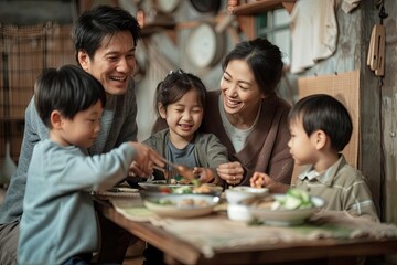 Fototapeta premium A family gathered around a small table in a modest home