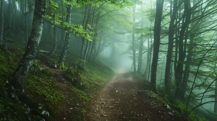 Obraz premium A serene woodland trail enveloped in fog, with shafts of sunlight creating a mystical ambiance