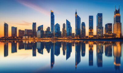 Obraz premium A panoramic view of Abu Dhabi's skyline at sunset, reflecting in the calm waters of the Persian Gulf