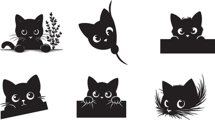 set of black peeking cats silhouette vector art illustration