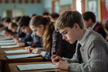 A group of students taking a test in a classroom