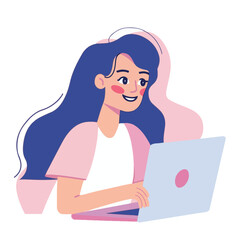 A woman smiling while sitting at her laptop, flat illustration style, white background
