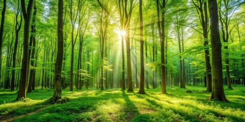 Obraz premium Vibrant green forest illuminated by sunlight in the summer