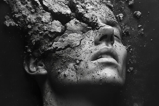 Man's crumbling face fades into cracked soil.