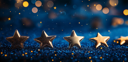 Fototapeta premium New Year's Eve celebration banner with golden stars and bokeh lights on dark blue background