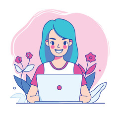 A woman smiling while sitting at her laptop, flat illustration style, white background
