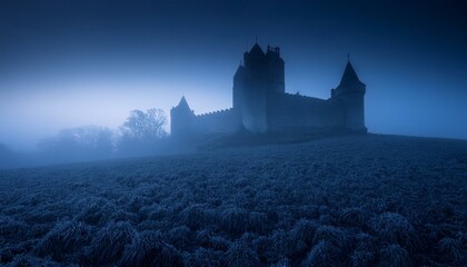 Obraz premium Pueblo medieval en tarde de niebla 