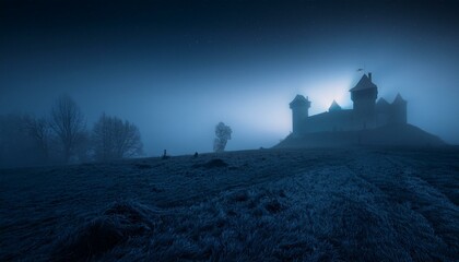 Obraz premium Pueblo medieval en tarde de niebla 