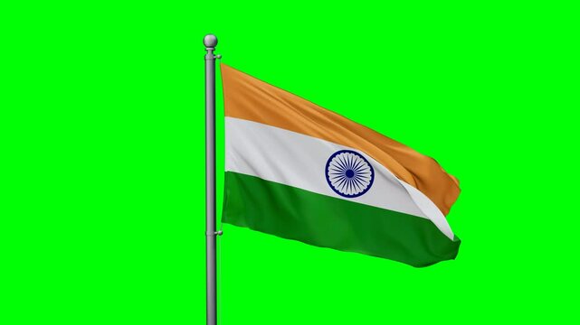 India flag waving in the wind with colored chroma key with green background