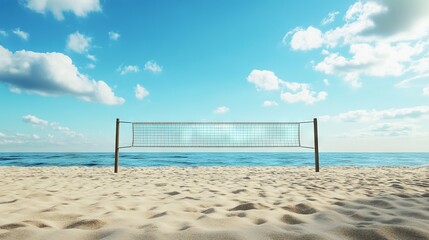 Beach Volleyball Court with Blue Sky and Sea Background - AI generated illustration