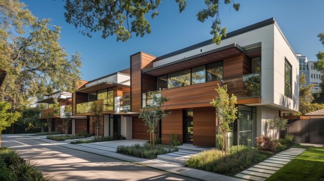 A sleek duplex with mirrored exterior designs, a shared driveway, and contemporary landscaping