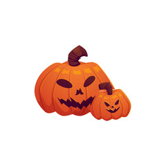 Orange pumpkins big and small with spooky grinning carving face, Halloween symbol, vector cartoon evil expression emoji