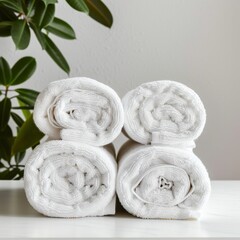Clean soft rolled towels on white table banner, hotel, spa mockup with copy space,