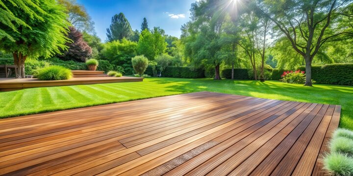 Wooden deck with lush green lawn in backyard