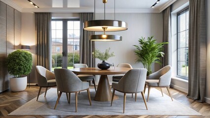 Fototapeta premium A Contemporary Dining Area Featuring a Round Table Perfect for Hosting Family Meals and Gatherings