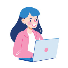 A woman smiling while sitting at her laptop, flat illustration style, white background

