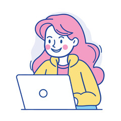 A woman smiling while sitting at her laptop, flat illustration style, white background
