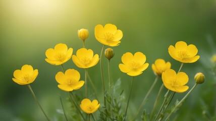Obraz premium Yellow wild buttercup flowers in a sunny meadow, vibrant springtime scene