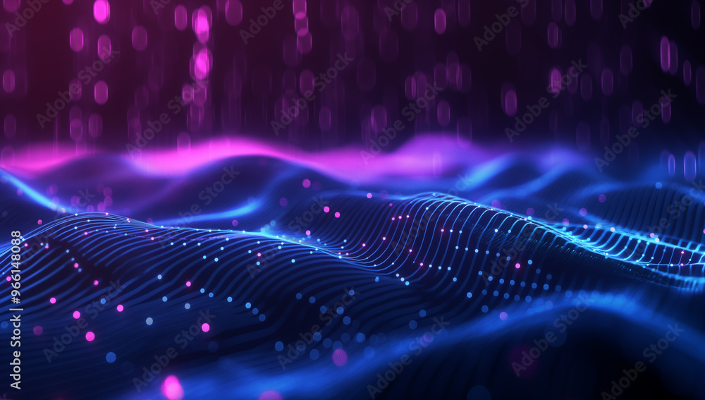 Poster futuristic abstract background with glowing digital lines and grid structures in dark blue and purpl