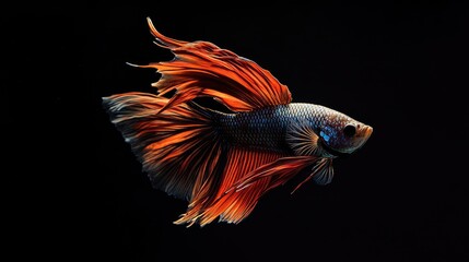 A Betta fish with a dramatic display of its fins flaring, set against a simple, dark background to emphasize its bold colors and dynamic movement.