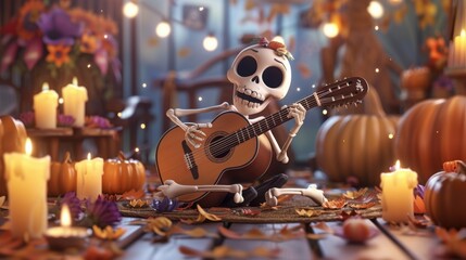 Festive skeleton with guitar celebrates Day of the Dead surrounded by pumpkins, candles, and autumn decorations in cozy atmospheric setting.