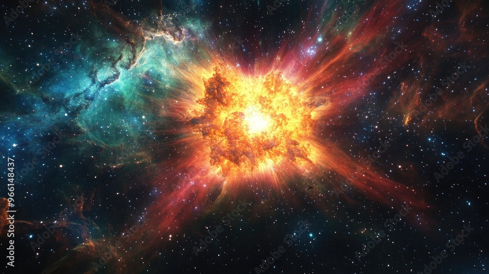 Poster a colorful supernova explodes within a nebula, radiating energy and light across a vast field of dis