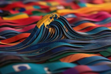 A conceptual art piece showing GDP trends as waves rising and falling against a backdrop of national flags, representing the ebb and flow of global economic power
