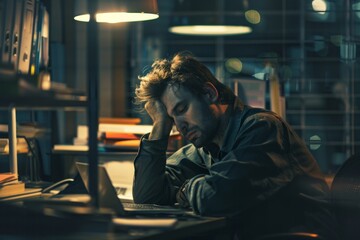 Fototapeta premium Sad office worker, tired manager, sad person, having bad day, overworked burnout, a lot of paperwork