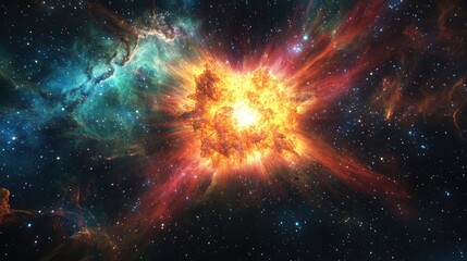 Fototapeta premium A colorful supernova explodes within a nebula, radiating energy and light across a vast field of distant stars.