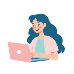 A woman smiling while sitting at her laptop, flat illustration style, white background
