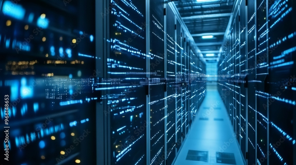 Poster server room with rows of glowing servers.