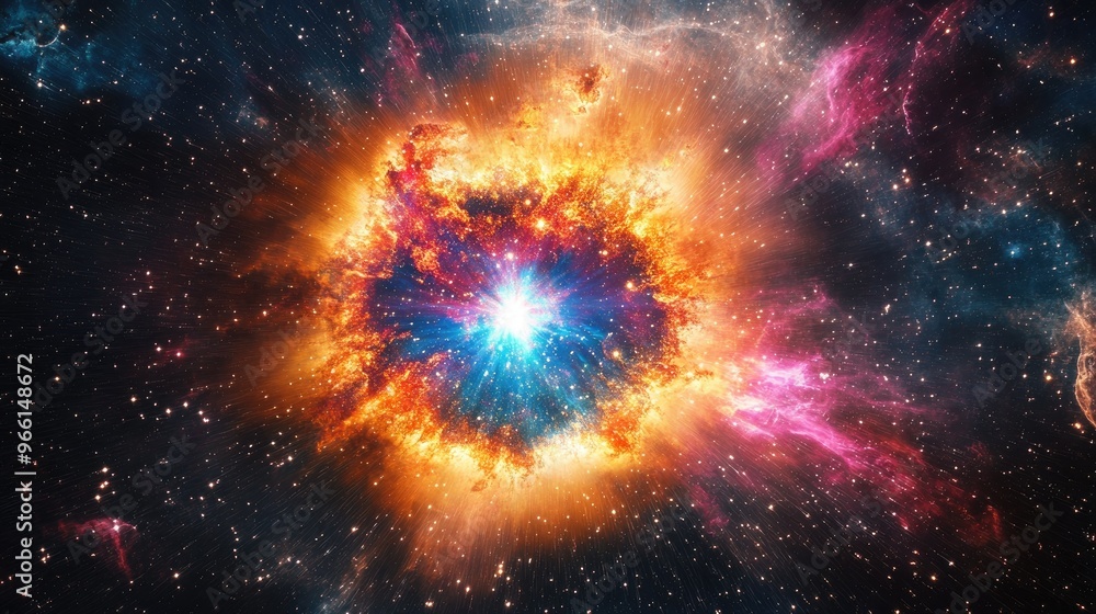 Poster a colorful supernova explodes within a nebula, radiating energy and light across a vast field of dis