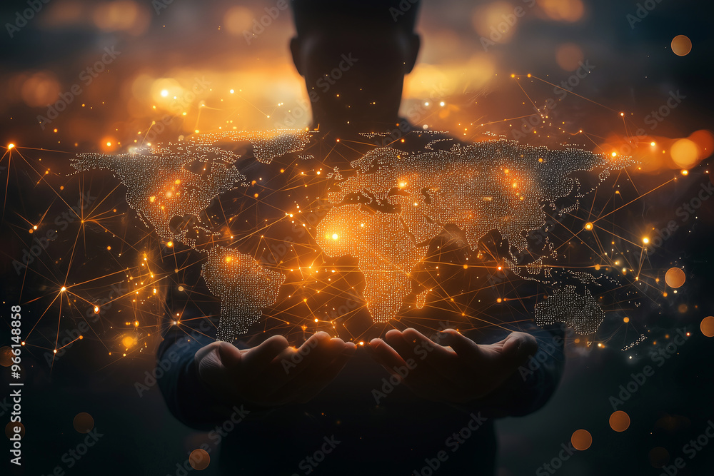 Poster a man holds a glowing world map formed by blockchain and neural networks against a dark backdrop, gl