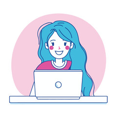 A woman smiling while sitting at her laptop, flat illustration style, white background

