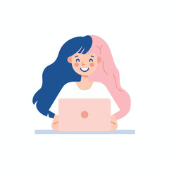 Obraz premium A woman smiling while sitting at her laptop, flat illustration style, white background 