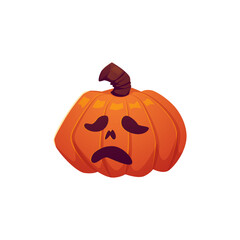 Orange pumpkin with spooky carving face, Halloween holiday pumpkin symbol, evil sad expression emoji vector cartoon icon