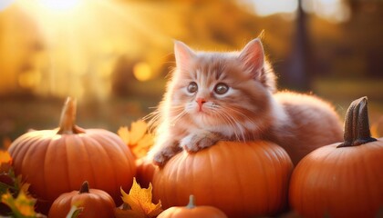 beautiful fluffy cat sits on pumpkins against the background of autumn leaves