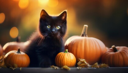 beautiful fluffy cat sits on pumpkins against the background of autumn leaves